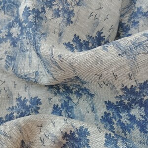Blue landscape boat pattern linen fabric, heavy weight linen upholstery Washed flax fabric digital print antique flax ship unique image 5