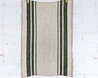 Stonewashed linen tea towel. Linen hand towel. Soft linen. Natural kitchen towel. Linen towel. Dish towel. Black stripes, with loop hanging