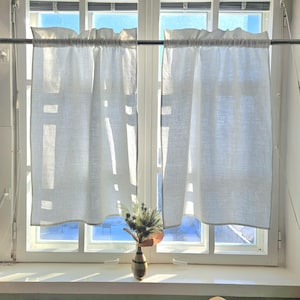 Cafegordijnen 100% linnen wit onthard - raampaneel met kopstuk boerderij keuken boerderijgordijnen. franse slaapkamer volant