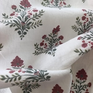 Softened floral pattern linen fabric,heavy weight linen floral Washed linen fabric block print fabric  rust  red white flowers