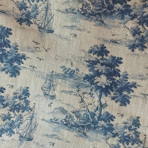 Blue landscape boat pattern linen fabric, heavy weight linen upholstery Washed flax fabric digital print antique flax ship unique image 1