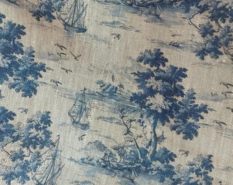 Blue landscape  boat pattern linen fabric, heavy weight linen upholstery Washed flax fabric  digital print  antique flax ship unique