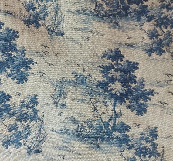 Blue landscape  boat pattern linen fabric, heavy weight linen upholstery Washed flax fabric  digital print  antique flax ship unique