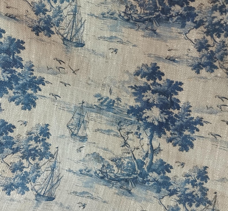 Blue landscape boat pattern linen fabric, heavy weight linen upholstery Washed flax fabric digital print antique flax ship unique image 1
