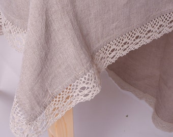 Linen tablecloth with belgium laces - french linen - custom size -  handmade Round Oval table  natural white offwhite elegant
