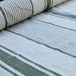 GREEN Stripes Linen fabric by the yard or meter heavy fabric flax  240gsm for decor pillows, upholstery, curtains BLACK  beige french linen