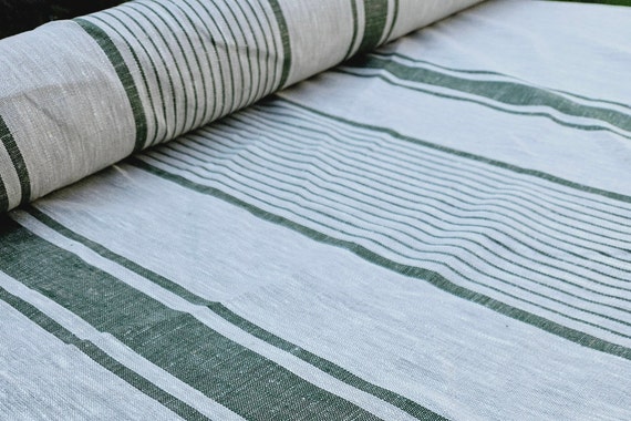 GREEN Stripes Linen fabric by the yard or meter heavy fabric flax  240gsm for decor pillows, upholstery, curtains BLACK  beige french linen