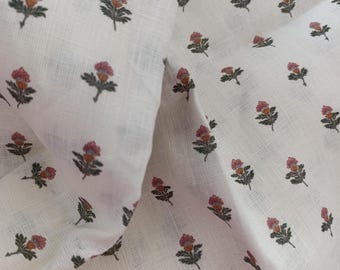 Softened floral pattern linen fabric,heavy weight linen floral Washed linen fabric block print fabric  rust  red white flowers