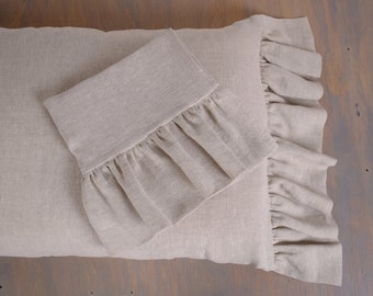 Linen pillowcases with ruffles  - French linen. Grain sack linen pillowcase - sham -  Rustic Rough Heavy Weight Pillow case french lumbar