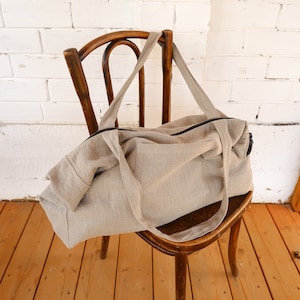 ZIPPER Französischer Stil Leinen Strandtasche, gestreifte Leinen Strandtasche mit Taschen, Natürliche Leinen Sommertasche, Große Leinen Tragetasche, Reisetasche.