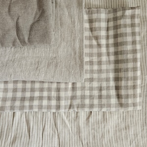 Gingham Linen Fabric checks Natural fabric classic checks Stonewashed 100% Linen Flax Material checked by the Meter stripes oatmeal fabric