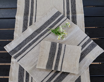 Linen napkins - French linen. Natural. Cottage, coutry style linen. Set of linen napkins. Soft Linen napkin.  black stripes striped