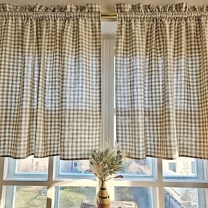 Cafe Vorhänge 100% Leinen Gingham Erweicht - Fenster Panel mit Header Ranch Küche Bauernhaus Vorhänge. französicher Volant