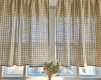 Rideaux café 100 % lin vichy ramollis - panneau de fenêtre avec en-tête rideaux de ferme de cuisine ranch. Cantonnière de chambre