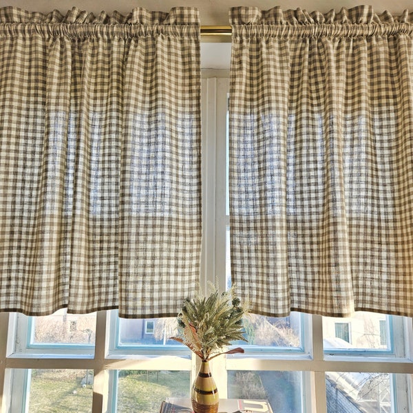 Cafe Curtains 100% Linen gingham Softened - window panel with header ranch  kitchen farmhouse curtains. french Bedroom valance
