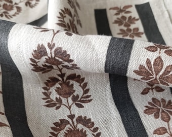 Brown print linen fabric, heavy weight linen upholstery Washed flax fabric  digital print  antique flax  unique