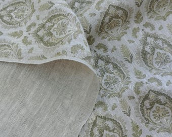 Floral pattern linen fabric, heavy weight linen upholstery Washed flax fabric block print fabric green white flowers antique flax soft