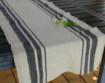 Linen RUNNER - French linen. Natural. Cottage, country style linen. Stonewashed. Linen cloth  black stripes. striped tablecloth