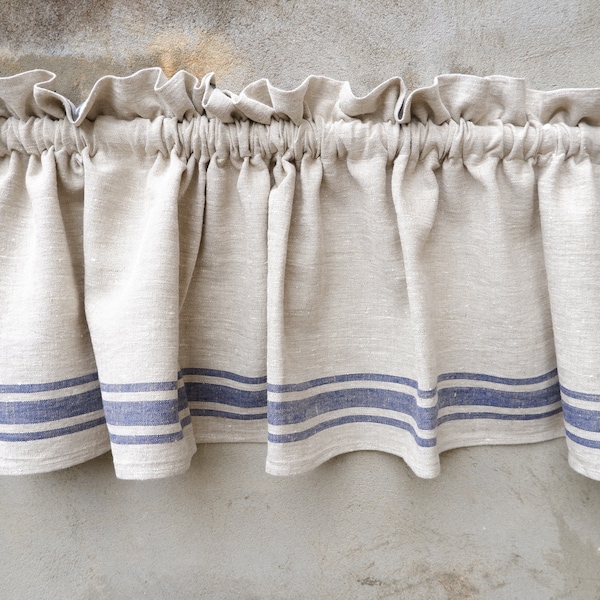 Cafe Curtains 100% Linen striped Softened - window panel with header ranch  kitchen farmhouse curtains. french Bedroom valance