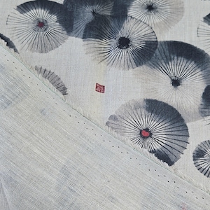 Japanese Sumi-e Style Linen Fabric by the Yard, Ink Wash Abstract Umbrella Motif Linen, Wabi Sabi Fabric for Apparel Kimono Home Decor