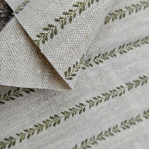 FLORAL pattern linen fabric, heavy weight linen upholstery Washed flax fabric block print fabric  flowers antique flax soft GREEN WHITE