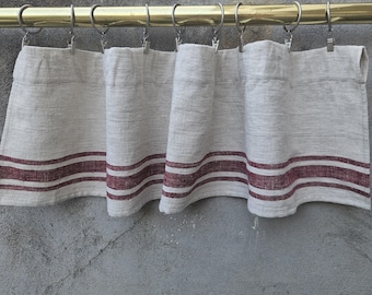 Cafe Curtains 100% Linen striped Softened - window panel ranch  kitchen farmhouse curtains. french Bedroom valance red stripes