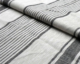 Heavy Striped Linen fabric by the yard or meter 140cm width. 240gsm for decor pillows, upholstery, curtains BLACK natural beige french linen