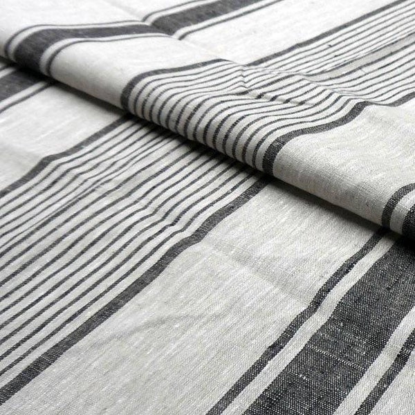 Heavy Striped Linen fabric by the yard or meter 140cm width. 240gsm for decor pillows, upholstery, curtains BLACK natural beige french linen