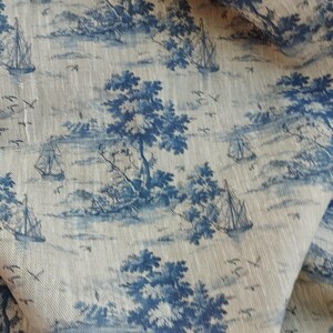 Blue landscape boat pattern linen fabric, heavy weight linen upholstery Washed flax fabric digital print antique flax ship unique image 8