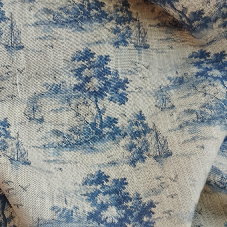 Blue landscape boat pattern linen fabric, heavy weight linen upholstery Washed flax fabric digital print antique flax ship unique image 8
