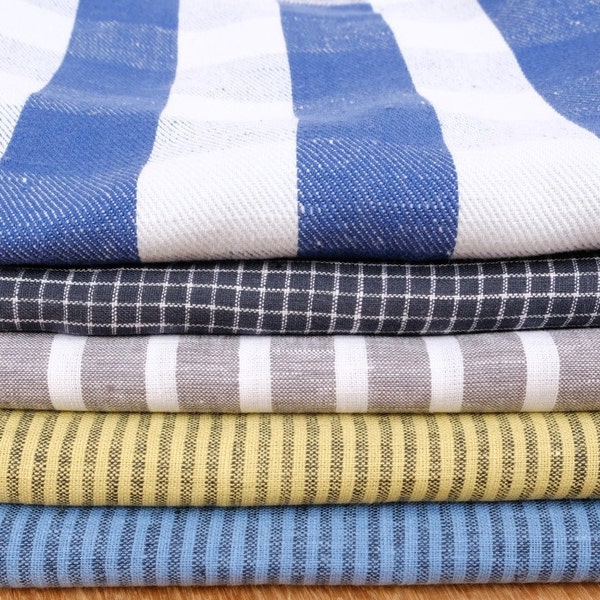 Softened striped pattern linen fabric, medium weight linen, Washed soft by the meter linen fabric by the yard, yellow stripes patterned