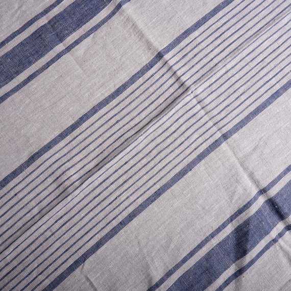 Heavy BLUE Striped Linen fabric by the yard or meter 140cm width. 240gsm for decor pillows, upholstery, curtains BLACK  beige french linen