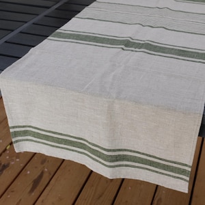 Runner da tavolo in lino naturale a righe VERDI, Runner da tavolo in lino fatto a mano, Tovaglietta all&#39;americana lunga in lino SACK francese, Runner da tavolo in lino morbido,