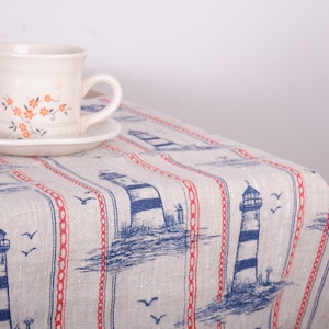 rustic natural Linen tablecloth with big print - custom size table linen blue block print pattern, indian style boho chic lighthouse