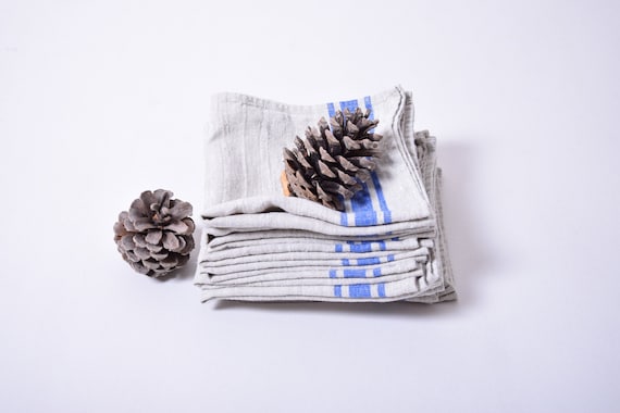 Linen napkins - French linen. Natural. country style linen. Set of linen napkins. Stonewashed. Linen cloth napkins.  Blue Stripes black