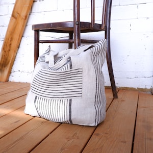Bolso de playa de lino estilo francés, Bolso de playa de lino a rayas con bolsillos, Bolso de verano de lino natural, Bolso grande de lino, Bolso de viaje.
