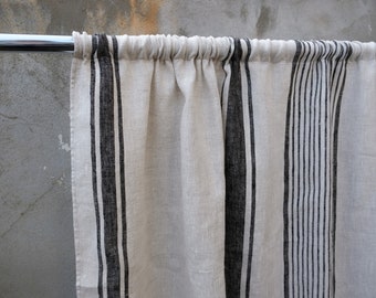 Curtains 100% Linen striped Softened - window panel. kitchen Living room farmhouse curtains. Grain Sack flax. Bedroom.  custom size