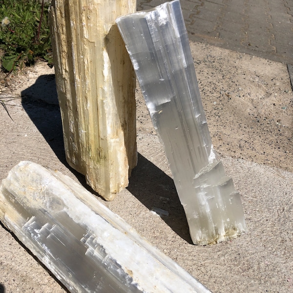 Selenite, 0.9 kg, white fibre gypsum, from Morocco, Mary's glass, woman's glass, transparent gypsum or mirror stone