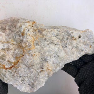 Può includere: Una grande roccia di forma irregolare con una superficie ruvida e strutturata. La roccia è principalmente bianco sporco con striature beige e grigie. La roccia è tenuta da una persona che indossa un guanto nero.
