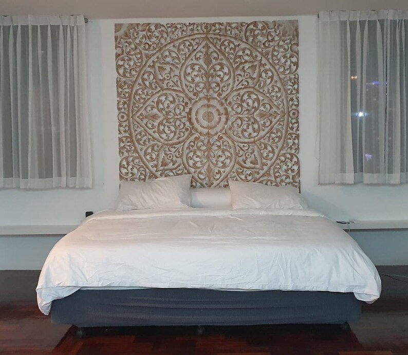 Mandala Headboard King Bohemian Lotus Wood Carved Panel Thai Etsy