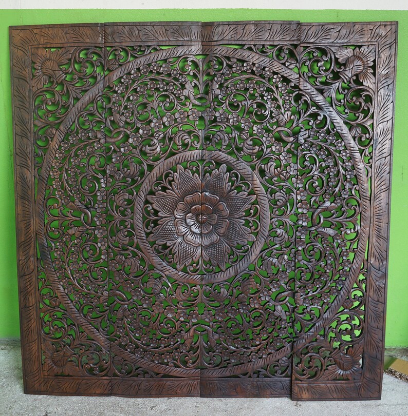 Dark Brown Mandala Wood Carved Headboard Lotus Wooden Plaque Etsy