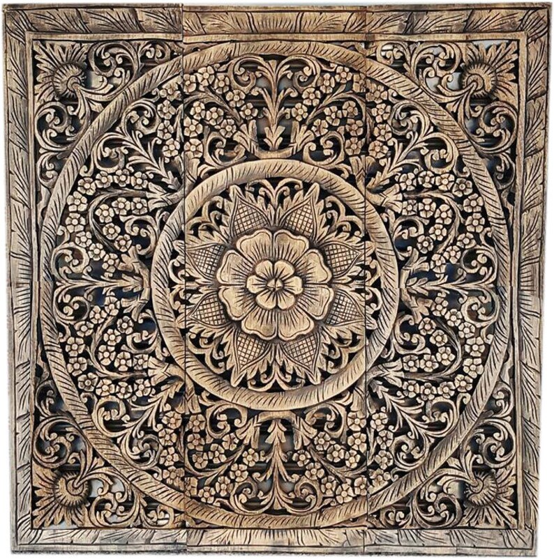 3 Piece Carved Wood Wall Art Panel 36 X Bohemian Panels Carving Traditional Thai Decor