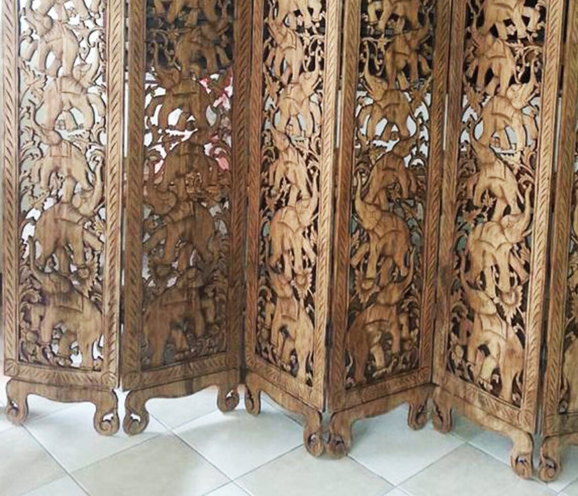 Vintage Teak Wood Carved Screen Room Divider 6 panels Etsy