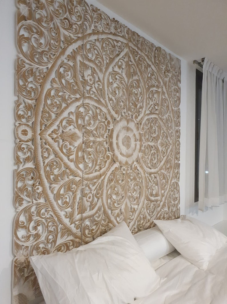 Mandala Headboard Diy Mandala Headboard King Bohemian Lotus Wood Carved Panel Thai | Etsy