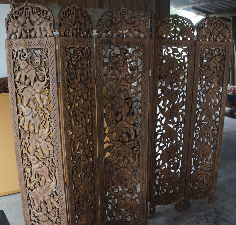 Teak Wood Carved Screen Room Divider 6 panels Elephants wood Etsy