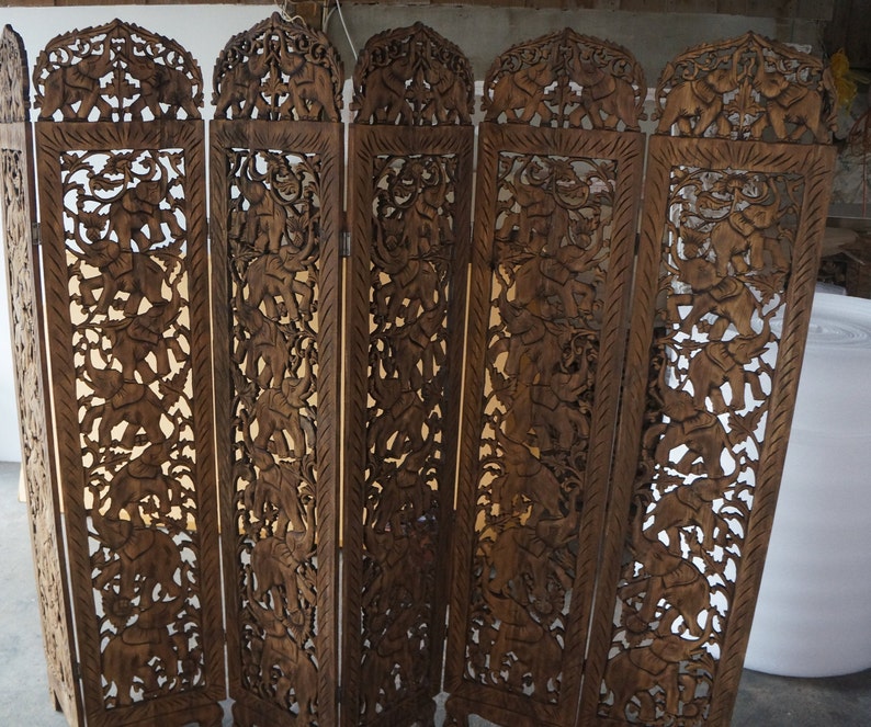 Teak Wood Carved Screen Room Divider 6 panels Elephants wood Etsy