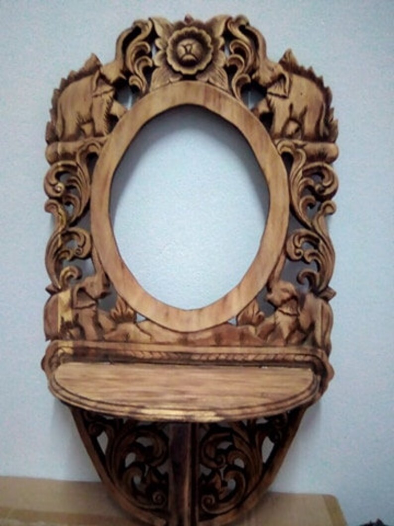 Wood Carved Mirror Frame Carving Shelf Wooden Wall Art Hanging Thai 46 X 75 Centimeters