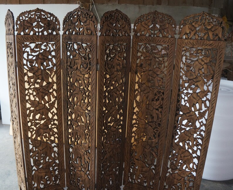 Teak Wood Carved Screen Room Divider 6 panels Elephants wood Etsy