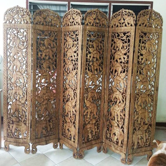 Vintage Teak Wood Carved Screen Room Divider 6 Panels Elephants Wood Carving Room Decor Folding Asian Privacy 6 Feet Wood Carving