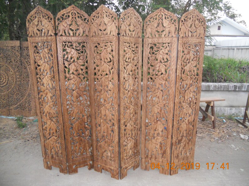 Vintage Teak Wood Carved Screen Room Divider 6 panels Etsy